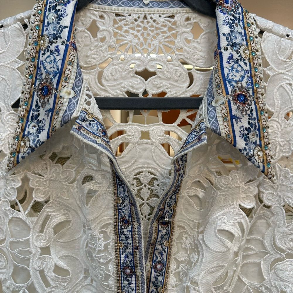 White Lace Shirt Dress with Blue Trim - Picture 2 of 10